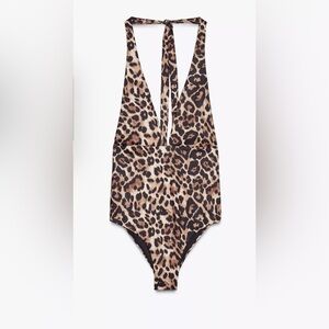 Zara never work nwt leopard deep v swimsuit - L